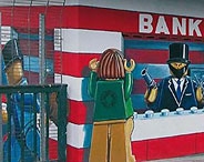 Zeichnung eines bewaffneten Banditen hinter einem Bankschalter, der eine Kundin mit Pistolen bedroht.