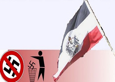 Rundes Schild mit durchgestrichenes Hakenkreuz, eine schwarze Figur die ein Hakenkreuz in ein Mülleimer wirft und eine Flagge mit den Reichsfarben des Deutschen Reiches (Schwarz-Weiß-Rot)