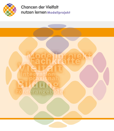 Das Bild ist ein Ausschnitt aus der Website zum Projekt "Chancen der Vielfalt nutzen lernen" (http://www.chancen-der-vielfalt-nutzen-lernen-nrw.de/das-projekt.html) und zeigt das Logo sowie mehrere Stichworte im Projektkontext vor orangenem Hintergrund.