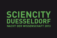 Logo des Events Sciencity mit simpler Darstellung: grüne Fettschrift mit dem Titel Sciencity Düsseldorf auf schwarzem Grund