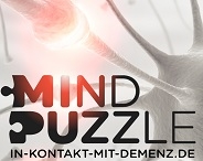 Zeigt das Logo Mind Puzzle. Im Hintergrund ist eine synaptische Verbindung zu erkennen.