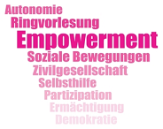 Die Worte Empowerment, Zivilgesellschaft sind in rosafarbener SChrift abgebildet.