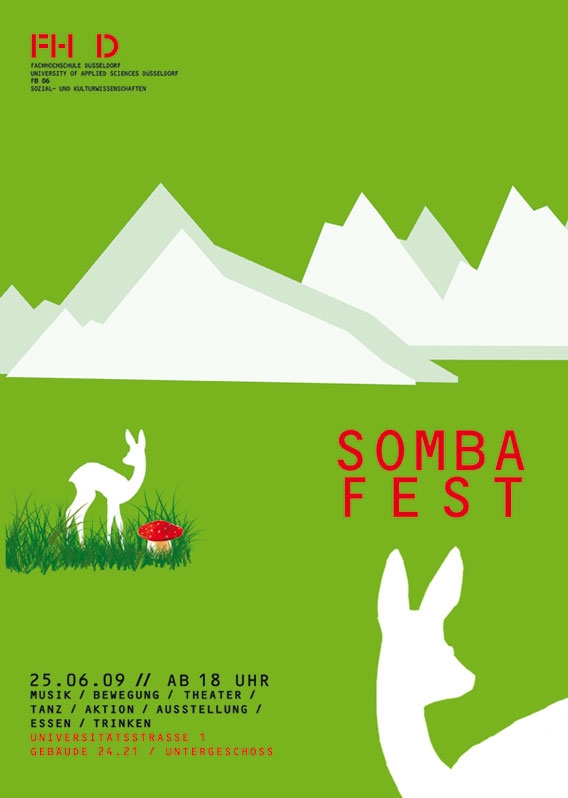 Plakat zum Sombafest mit abstrakten weissen Bergen, zwei Rehen, Grashalmen und einem roten Pilz vor grünem Hintergrund.