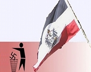 Eine schwarze Figur die ein Hakenkreuz in ein Mülleimer wirft und eine Flagge mit den Reichsfarben des Deutschen Reiches (Schwarz-Weiß-Rot)