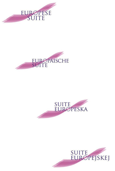 Das Logo der "Europäischen Suite", bestehend aus einer geschwungenen Hintergrundgrafik in violett und darauf gezeichnetem Text, in mehreren Versionen (multilingual): "Europese Suite", "Europäische Suite", "Suite Europeska", "Suite Europejskej"
