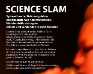 Das Vorschaubild zeigt einen verkleinerten Ausschnitt des Flyers zum ScienceSlam. Zu sehen ist weiße Schrift auf dunklem Hintergrund, der Hintergrund enthält außerdem die Silhouette einer singenden Frau mit Mikrofon.
