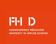 Auf rotem Hintergrund seht "Fachhochschule Düsseldorf".