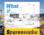 Die Frontseite des Flyers zum Videoprojekt "What if..." zeigt als Hintergrund für den Text ein teilweise schwarz-weiß verfremdetes Bild der Campus-Baustelle in Derendorf