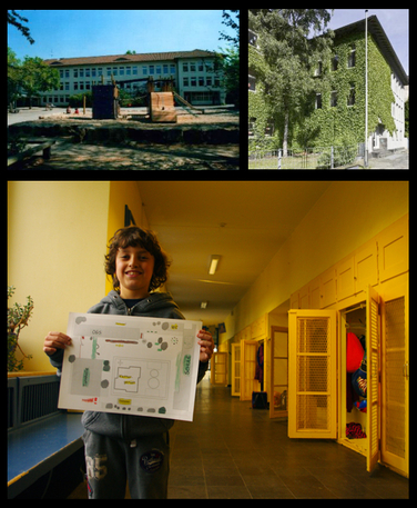 Das Bild beinhaltet drei Bilder. Das 1. und 2. Bild zeigen die Aussenansicht der Thomasschule, die mit Pflanzen besetzt ist. Das 3. Bild zeigt ein Kind, welches ein gemalten Plan des Schulhofes zeigt.