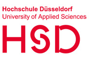 Wort-Bild Marke mit dem Text Hochschule Düsseldorf University of Applied Sciences in Arial und HSD gross in der neuen Schrift HSD Sans