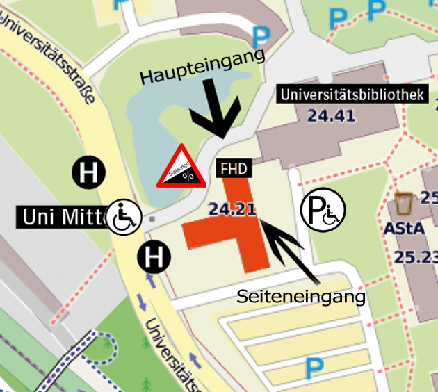 Das Bild zeigt eine Kartenauschnitt, auf dem die Lage des Fachbereich 6 bzw. Gebäude 24.21 zu sehen ist. Es gibt Informationen zu Parkplätzen, Bushaltestelle Uni Mitte. Haupt- und Seiteneingang zum Gebäude sind markiert.