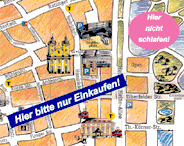 Karte von Düsseldorf mit Zonen nur zum Einkaufen und Verboten zu schlafen